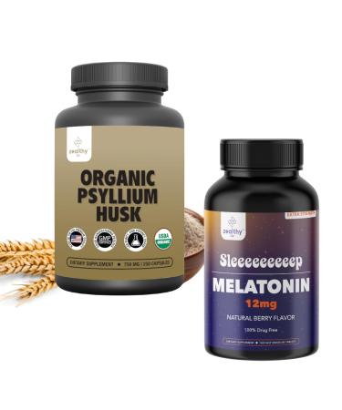 Zealthy Life Gut Health & Sleep Support Bundle Organic Psyllium Husk Capsules Natural Fiber Supplement for Digestive Health & Regularity (250 Ct) + Extra Strength Melatonin 12mg Fast Dissolve Table