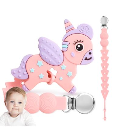 Unicorn Baby Teether Toys with Anti-Drop Pacifier Clip Baby Pink Teething Toys for Babies 3-6 Months BPA Free Infant Chew Toys Baby Teethers Relief 6-12 Months Baby Girls Boys Gift