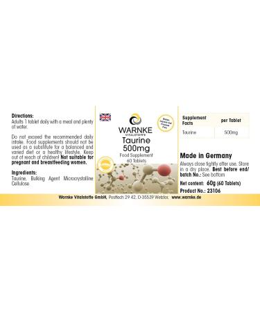 Taurine 500mg Vegan 60 Tablets - Magnesium Stearate Free | Warnke Vitalstoffe - Buy Online on GoSupps.com
