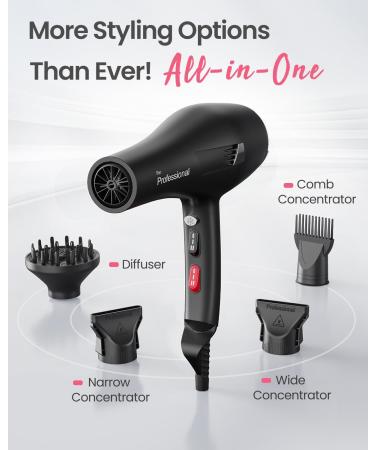 Dekuri Professional Ionic Hair Dryer AC Motor Fast Drying Salon Blow Dryer with Diffuser Nozzle for Curly and Straight Hair Cool Button 2 Speed & 3 Heat Setting - Black - Buy Online on GoSupps.com
