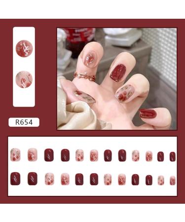 SINLOV Short Nude Red Gradient French Fake Nails Square Rose Flower False Nails Glossy Press on Nails Ballerina Acrylic Full Cover Nails for Women and Girls - Buy Online on GoSupps.com