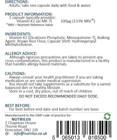 Vegan Vitamin K2 MK-7 Capsules 100mcg - Bone Health Support - Calcium Distribution - 120 Daily Dose - Buy Online on GoSupps.com