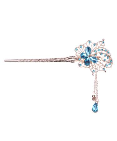 Uonlytech Flower Hair Stick Chinese Hair Chopsticks with Tassel Rhinestone Pearl Hair Pin Vintage Long Hair Decoration for Women Girls (Sky-Blue) Sky blue