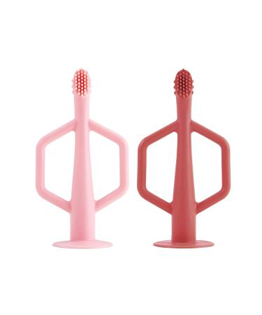 Silicone Training Toothbrush for Babies - Flexible with Suction Base Easy Grip Handle (Rose Burgundy 2-pk)