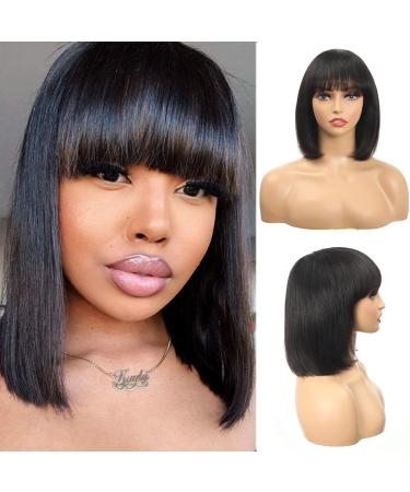 Short Straight Human Hair Bob Wig with Bangs for Black Women 130% Density 10A Human Hair Wig with Bangs Non Lace Front Bob Wigs with Bangs Machine Made Wigs For Black Women 12 inch Natural Color 12 Inch Natural Black