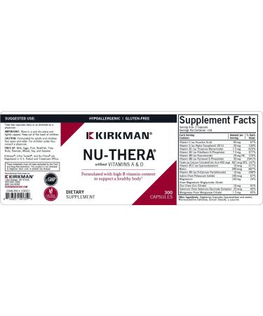 Kirkman Nu-Thera Without Vitamins A & D - Hypoallergenic || 300 Vegetarian Capsules || Multi Vitamin with Vitamin B-6 - Buy Online on GoSupps.com