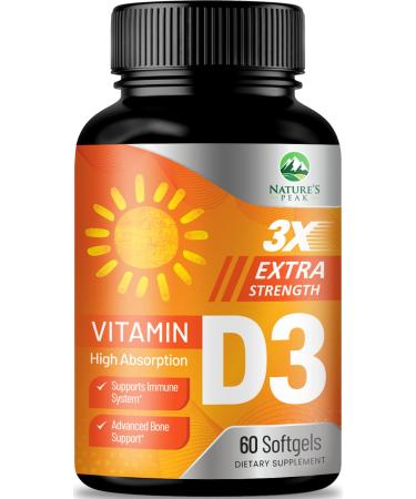 D Vitamin 5000 IU Vitamin D3 Softgels - High Potency D3 Vitamin for Bone Health Muscle & Immune Support - Extra Strength 125 mcg - Natures Non-GMO 5000iu D3 Supplement - 60 Softgels 60 Day Supply