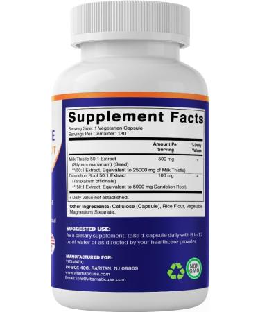 Vitamatic Milk Thistle 50:1 Extract 500mg, Dandelion Root 50:1 Extract 100mg, 180 Vegetarian Capsules, Non-GMO, Gluten Free - Buy Online on GoSupps.com
