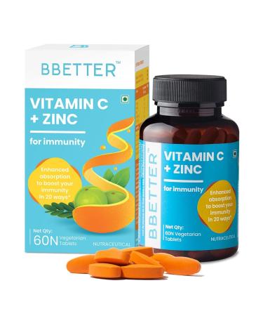 Kavir Vitamin C and Zinc Tablets for Immunity & Skin Health | High Strength Formula with Amla Extract Orange Peel Extract and Alfafa Powder for Immunity - 60 Veg Tablets