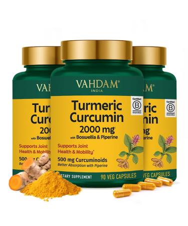 VAHDAM Turmeric Curcumin 2000mg (500mg Curcuminoids) with Boswellia & Piperine for Fast Absorption | Supports Joint Health and Mobility | 90 Capsules (Pack of 3)