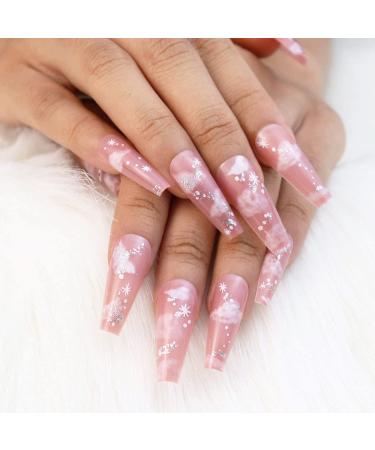BABALAL Coffin Press on Nails Medium Fake Nails with Nail Glue Matte Glue on Nails 24pcs Ballerina Acrylic Nails with Brown Rhombus Designs Full Cover False Nails