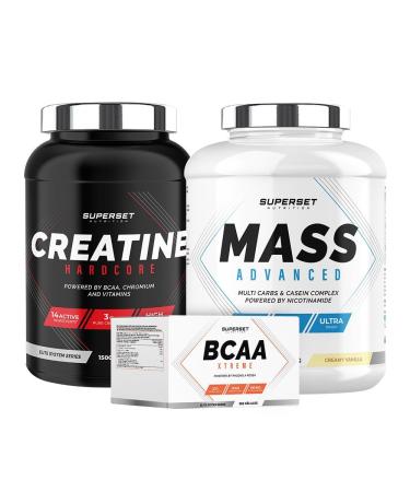 Superset Nutrition | Program Confirmed Mass - Mass Advanced 2.5kg Creamy Vanilla - Creatine Hardcore 1.5kg Orange - Bcaa Xtreme