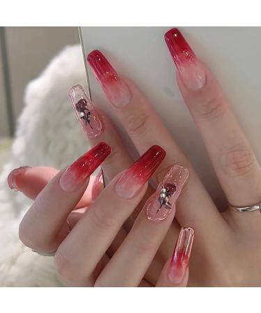 Red Press on Nails Long Coffin Fake Nails with Rhinestones Design Red Rose Acrylic Nails Full Cover Stick on Nails Cute Flower Artificial False Nails Valentines Day Press on Nails for Women Manicure