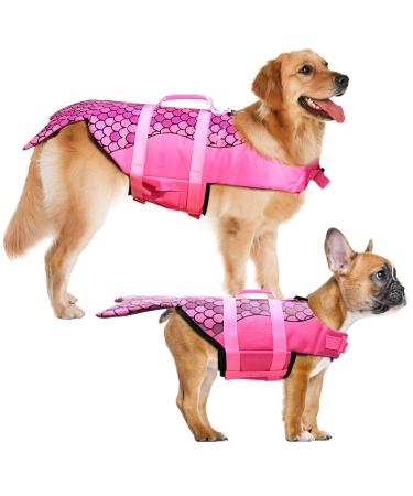 Dog Life Jacket - Mermaid Hot Pink, Portable Dog Swimming Jacket Vest, Lifesaver Vests with Rescue Handle for Small Medium and Large Dogs, Pet Safety Swimsuit Preserver for Swimming, Beach Boating(L) L Mermaid Hot Pink