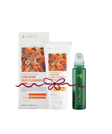 ABERA Turmeric Face Cleanser & Eye Roller Set Curcumin Facial Wash for Acne & Brightening + Cooling Eye Roller Serum for Dark Circles & Puffiness Relief