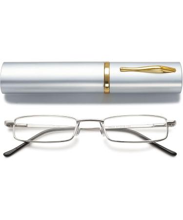 Vevesmundo Mini Compact Metal Reading Glasses | Light Spring Hinge | Silver Blue Light Filter | Classic 2.0x Reading Aid with Etui - Buy Online on GoSupps.com