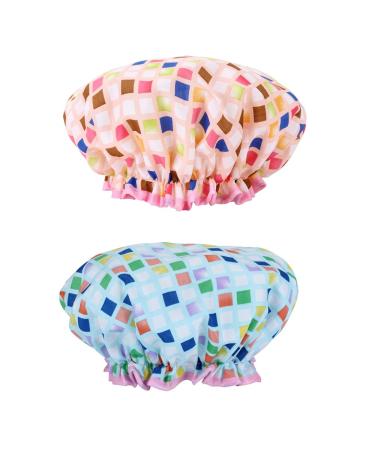 Shower Cap Double Waterproof Layers Bath Shower Hat Trendy Fashion Design EVA Bathing Shower Caps for Women Pack of 2 Blue & Pink pink+blue