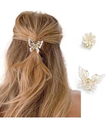 Bartosi Butterfly Mini Hair Claw Clips Pearl Mini Claw Clip Bride Wedding Hair Barrettes Flower Claw Clip Fashion Hair Accessories for Women and Girls Pack of 2