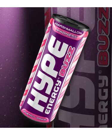 Hype Energy BUZZ MarshMallow Madness Energy Drink - 24x250ml | Caffeine, Taurine, and B-Vitamins | Vegan & Gluten Free | Berrylicious Marshmallow Flavor - Buy Online on GoSupps.com
