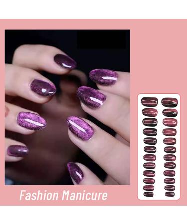 Dark Purple Cat Eye Round Press On Nails - 24pcs Medium Length Glue On False Nails for Women - Color Changing Glossy Acrylic Fake Nails - Buy Online on GoSupps.com