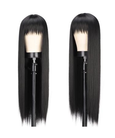 Earfodo Long Black Wig with Bangs Straight Wig For Women Middle Part Natural Black Hair Wigs For Women Heat Resistant Fiber Synthetic Wigs For Daily Party Use 28"