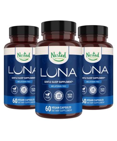 Nested Naturals Luna Melatonin Free Non-Habit Forming Herbal Sleep Supplement w/Chamomile Valerian L-Theanine 180 Vegan Capsules (60 Capsules Per Bottle)