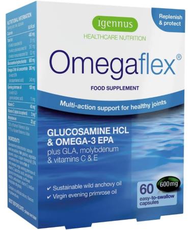 Omegaflex Glucosamine with High Strength Fish Oil, Virgin Evening Primrose Oil, Vitamin C & E, Joint Health Support, with Omega-3 & 6, 70% Concentration High EPA Fish Oil, 60 Softgels