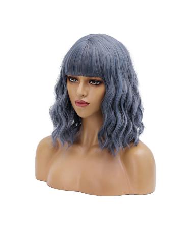 14 Inch Mix Blue Wavy Bob Wig with Air Bangs for Women - Shoulder Length Synthetic Wig for Summer Party, Cosplay, and Daily Use - Buy Online on GoSupps.com