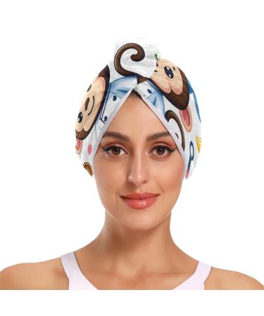 Animal Monkey Chef Cartoon Hair Towel 2 Pack Super Absorbent Hair Drying Towel Quick Dry Hair Turbans Head Towel with Button Twisty Wrap for Women Girls