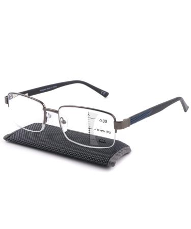 Missfive Men Premium Multifocus Reading Glasses 0 Power on Top Blue Light Blocking Far/Mid/Near Progressive Multifocal Readers Metal Frame With No Broken Spring Hinge 1.5x Blue 0x on Top_multifocus Clear Lens_gun-blue 1.5 x