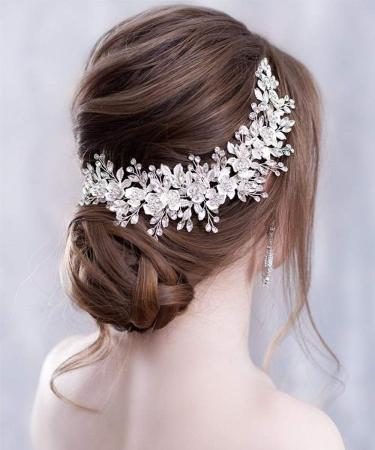 Anglacesmade Bridal Headband Leaves and Flower Hair Vine Crystal Tiara Crown for Wedding Hair Accessories for Women and Girls (Silver) - Buy Online on GoSupps.com