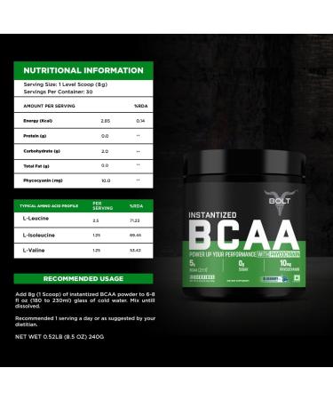 Buy Bolt BCAA Powder 2:1:1 - Muscle Recovery & Endurance Formula - Blueberry Blast - 30 Servings (240g) - International Shipping Available - Buy Online on GoSupps.com