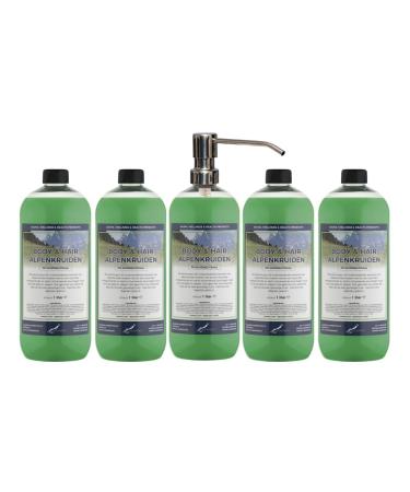 Claudius Body & Hair Alpine Herbs 5 x 1 Litre with 1 Silver Pump (Clear)