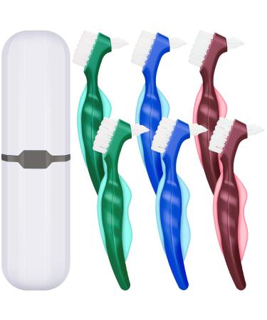 6 Pieces Hard Denture Brush Denture Toothbrush Cleaning Brush with White Carrying Case for False Teeth Cleaning (Red, Green and Blue)