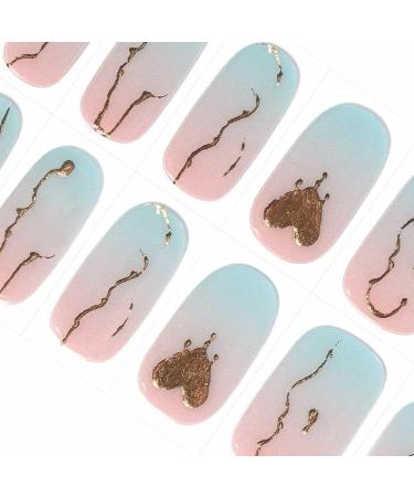 Danni & Toni half hardened gel nail foils (aphrodite) pink and blue color gradient heart gold foil glossy sticker heart-shaped manicure nail ticker self-adhesive wraps 28 sticker aphrodite