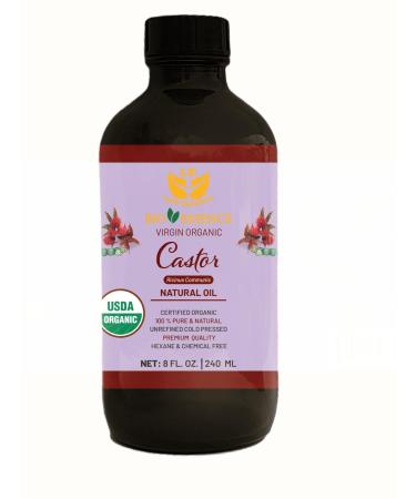BIO ESSENCE VIRGIN ORGANIC CASTOR SEEDS OIL CERTIFIED ORGANIC 100% PURE & NATURAL COLD PRESSED PREMIUM QUALITY HEXANE & CHEMICAL FREE 8 fl.oz. /235ml