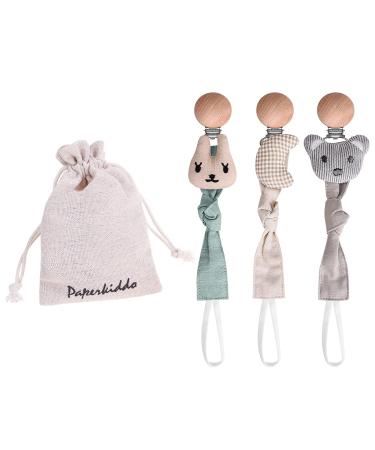 Paperkiddo 3PCs pacifier chain pacifier band girl and boy from Bauhmwoll-Musselin with nickel-free metal clips 22cm for bib triangular sucker scnuller (B r + rabbit + moon)