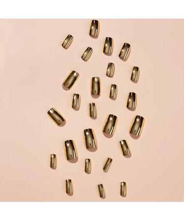 Gold Press On Nails - Short Square Fake Nails | Glue On Gold Mirror Design | Artificial Stick On Acrylic Nails for Women & Girls - Buy Online on GoSupps.com