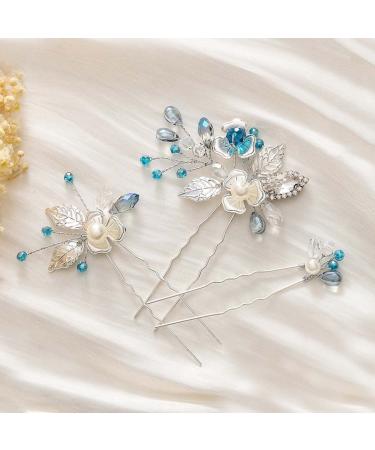 Casdre Blue Rhinestone Hair Pins - Silver Flower Bridal Hair Pieces (Pack of 3) - Buy Online on GoSupps.com