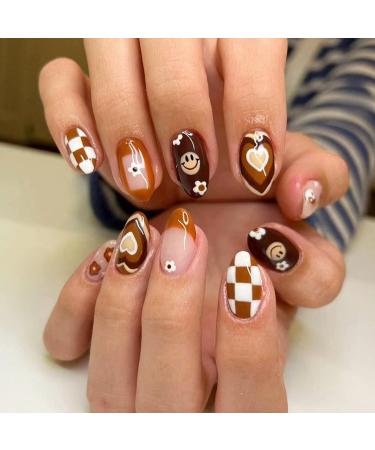 Flower Press on Nails Short Almond Shape French Fake Nails Hearts Flowers Lattice Tai Chi Smiley Face Design Brown White Acrylic Nails Glossy False Nails Kit Full Cover Nails Spring Daily Wear 24 Pcs