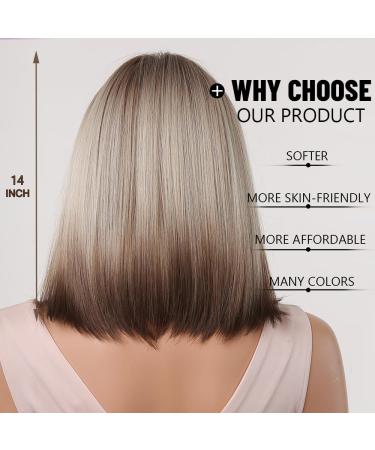 Esmee Short Straight Brown Blonde Ombre Bob Wig for Women - 14 Inch Synthetic Cosplay Wig with Fringe, Heat Resistant & Natural Hair Look - Dark Roots & Gray Highlights - Buy Online on GoSupps.com