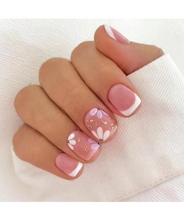 French Tip Press on Nails Short Petite Fake Nails Square Matte False Nails with Flower Designs Acrylic Nails Cute Extra Short Pink Glue on Nails Reusable Artificial Stick on Nails for Women Girls 5