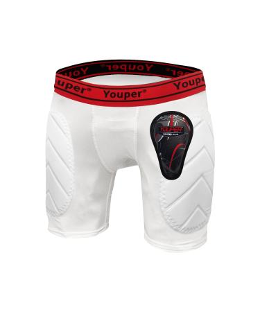 Youper Boys Youth Padded Sliding Shorts with Soft Protective Athletic Cup for Baseball, Football, Lacrosse White Red Small