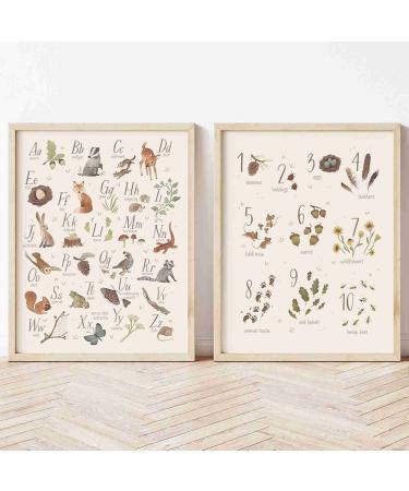 Alphabet Numbers Nursery Poster Print Animal Child Wall Art Nordic Canvas Painting Woodland Picture Kids Baby Room Home Decor 40x60cmx2 Unframed.