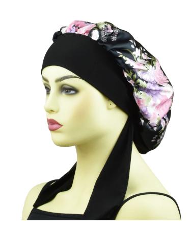 Silk Satin Bonnets for Women Curly Hair Cover Sleep Cap Satin Night Caps for Sleeping Girls Large Silk Bonnet with Tie Band Black Floral