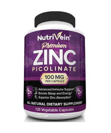 Nutrivein Premium Zinc Picolinate 100mg - 120 Capsules - Immunity Defense Boosts Immune System & Cellular Regeneration - Maximum Strength Bioavailable Supplement - Essential Elements for Absorption