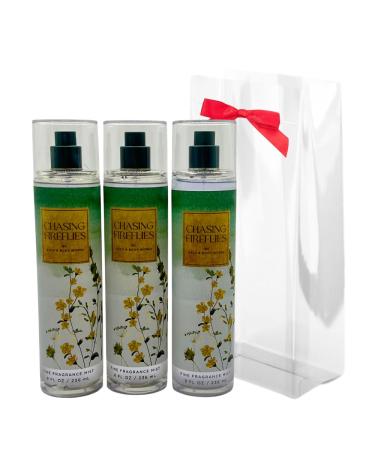 Bath & Body Works CHASING FIREFLIES Fine Fragrance Mist Gift Set with a Red Bow for Holiday 8 fl oz - Pack of 3