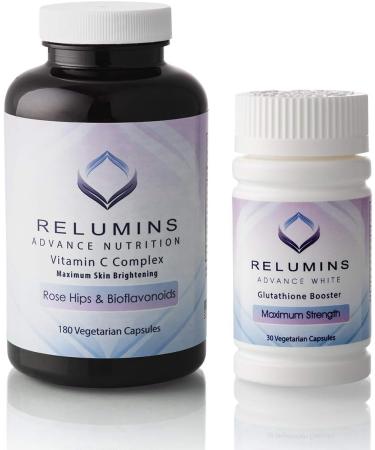 Relumins Skin & Immune Booster Vita Bundle Advanced Vitamin C 1000mg with Rose HIPS (180 Capsules) + Max Strength Glutathione Booster (30 Veg Capsules) Antioxidant & Skin Support Halal Certified