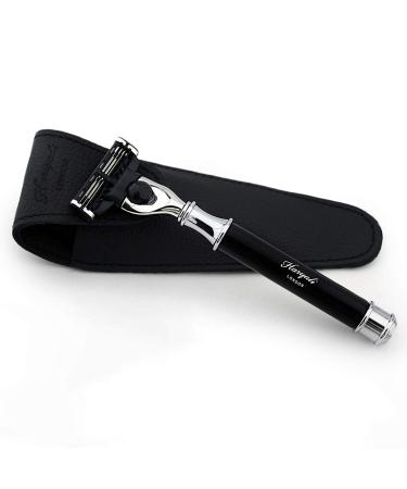 Luxurious combination of three -edge grade knife in a black synthetic resin handle and real leather protective cover - razor -loving first -class choice - ideal for wet shaving