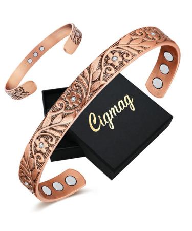 Cigmag 9X Lymphatic Drainage Copper Magnetic Bracelet for Women 99% Solid Pure Copper Ultra Strength Magnet Adjustable Brazaletes Cuff Bangle with Gift Box (Copper Crystal Plum Pattern) Crystal Plum Copper